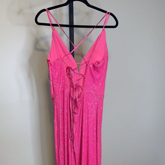 XSCAPE HOT PINK SEQUIN LONG DRESS WITH BOW ON THE BACK - Picture 2 of 7